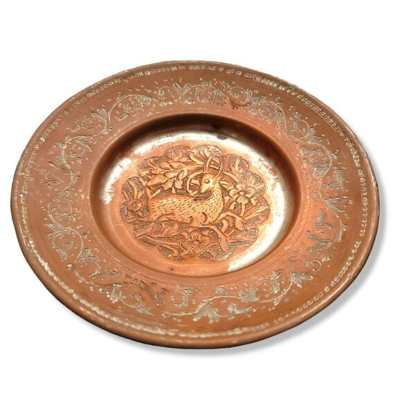 Vintage Tray Copper Persian Round with Tin Wash Deer or Antelope Design JH1334 - Picture 1 of 5